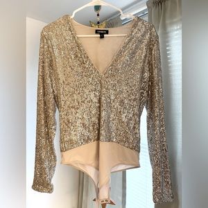Express Sequin Deep Vneck Thong Bodysuit